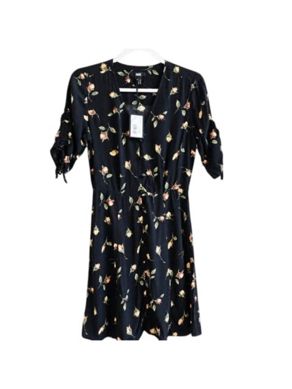 Paige Floral Print Midi Casual Dress Ruched Sleeves V-Neckline Navy Size XS  New - Picture 2 of 12